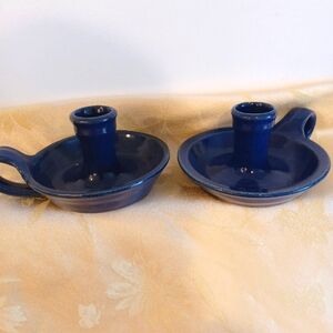 Vintage Blue Stonewear Pottery Chamberstick Candle holders